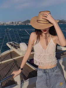 Haut court dos nu en tricot sexy pour femmes Boho Beach évider au <span class=keywords><strong>crochet</strong></span> glands ourlet dos nu soutiens-gorge <span class=keywords><strong>bustier</strong></span> avec coussinets de poitrine réservoir - Product Image 2