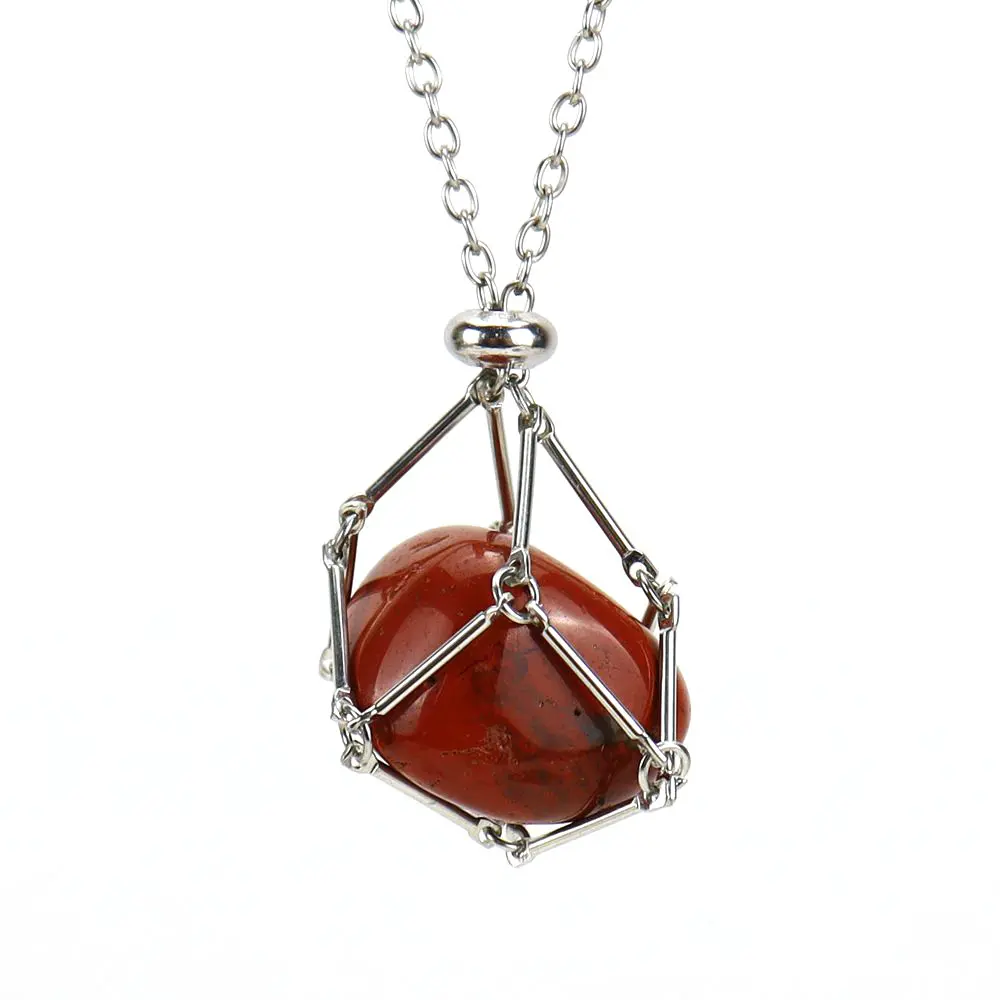 Punk Style Jewelry Adjustable Stainless Steel Metal Net Crystal Stone Holder Cage Red Jasper Necklace for Women Girl