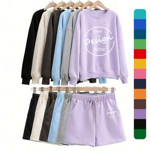 Pantalones cortos holgados de alta calidad bordado deportivo liso francés Terry polar azul cuello redondo sudadera de gran tamaño conjunto de mujer - Product Image 1