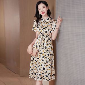 Elegante Intelectual Largo Sudanés Vestido de seda Impreso Solapa de manga corta Nueva moda de verano Impresión digital Cintura natural - Product Image 3