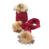 Inverno adulti bambini maglia con pelliccia pompon sciarpa abbinata può logo personalizzato cappello donna ragazza maglia