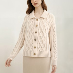 Maglione <span class=keywords><strong>Donna</strong></span> con Bottoni Frontali, Collo Risvoltato, Monopetto, Stile Casual, <span class=keywords><strong>Cardigan</strong></span> in Maglia a Treccia 100% <span class=keywords><strong>Lana</strong></span>, Servizio OEM ODM Disponibile - Product Image 2