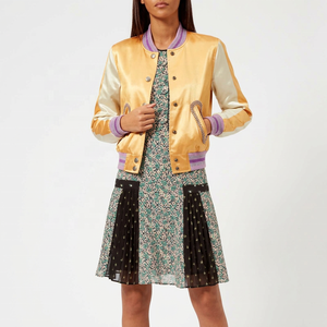 Chaqueta Varsity de Invierno para Hombre en Satén Amarillo Ecológico con Detalles en Morado, Estilo Preppy, Corte Regular, Cuello Camisero - Product Image 1