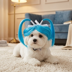 Peluca para Mascotas HLC Personalizada Rosa y Azul, Peluca de Cola de Caballo Punk para Perros y Gatos, Pelucas Rizadas con Lazo para Halloween y Fiestas de Disfraces - Product Image 2