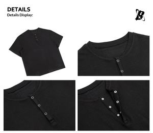 T-shirt décontracté ample en coton mélangé style <span class=keywords><strong>Old</strong></span> Money vintage américain, col <span class=keywords><strong>Henry</strong></span>, respirant, traitement anti-plis, effet délavé - Product Image 5