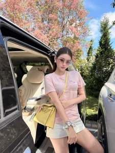 T-shirt à manches courtes col rond rose pour femme, coupe classique, en coton tricoté, couleur unie, décontracté, printemps été, respirant - Product Image 5