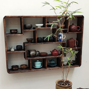 Solid Wood Chinese Style Wall Mounted Display <b>Shelf</b> Rectangle Multi Functional Tea Room Cabinet Decorative Storage <b>Rack</b> - Product Image 4
