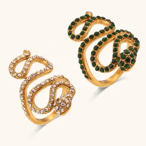 Dingran Hot Selling 18k Gold Plated Jewelry Rhinestone Snake Rings Stainless Steel Waterproof Rings For Women