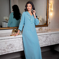 Abaya Turquoise Moderne Élégante et Modeste pour Femmes Musulmanes, Vêtement de Fête avec Broderie à Franges Perlées