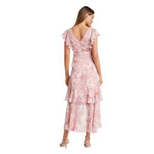 Abito Estivo Casual da Donna in Chiffon con Stampa Floreale, Vita Annodata, Orlo Asimmetrico e Maniche a Volant, Lunghezza <span class=keywords><strong>Midi</strong></span> - Product Image 4