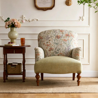 Fauteuil de salon minimaliste vintage avec pieds en bois massif, tissu jacquard à motif de feuilles d'herbe, écologique, ergonomique pour les appartements