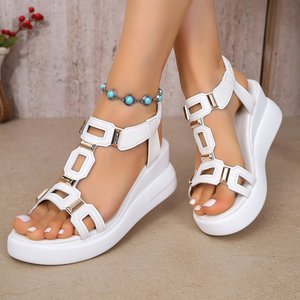 Sandali <span class=keywords><strong>con</strong></span> <span class=keywords><strong>Zeppa</strong></span> e Plateau da Donna, Cinturino Elastico alla Caviglia, Punta Aperta, <span class=keywords><strong>Scarpe</strong></span> Estive <span class=keywords><strong>Sportive</strong></span> Casual Bianche Nere Oro <span class=keywords><strong>con</strong></span> Barra a T in Metallo OEM - Product Image 4