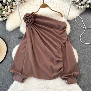 Nouvelle Blouse en Chiffon à Épaules Dénudées pour Femme, Coupe Asymétrique, avec <span class=keywords><strong>Fleurs</strong></span> Tridimensionnelles, Style Doux et Ample - Product Image 5