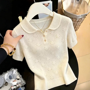 เสื้อเชิ้ตผู้หญิงแขนสั้นผ้าถักสีมิลค์กี้ลายกลวงกระดุมแถวเดียวผ้าโพลีเอสเตอร์สำหรับการเดินทาง - Product Image 3
