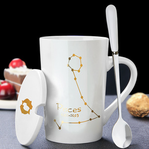 Tasse à café en porcelaine personnalisée avec signe du zodiaque, 12 constellations, mug en céramique avec couvercle et cuillère - Product Image 3