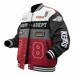 Trendy Men Color block Bomber Jacket Leather Sleeve Drop Shoulder Casual Long Sleeve Zipper Pocket Fall Winter Fashion Outerwear - Product Image 1