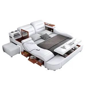Cama multifuncional moderna do armazenamento da cama do couro inteligente com projeto da música da massagem da cama do couro frame da madeira maciça