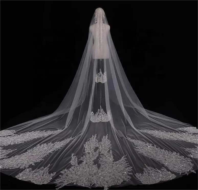 Luxury glitter one layer long trail cathedral wedding veil bead lace applique edge bridal veil with comb