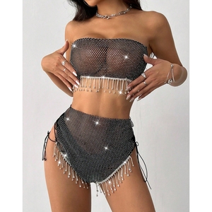 Ensemble 2 pièces sexy pour femme : haut élastique en résille effet cristal et short, idéal pour les soirées et festivals de musique - Product Image 5