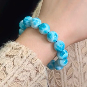 Pulsera Elástica de Larimar Natural Dominicano de Primera Calidad, con Patrón de Ondas Azules, Gema de Larimar, Joyería de Cristal Curativa - Product Image 5