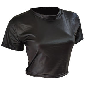 T-shirt en cuir PU pour femmes 2025, col rond, manches courtes, crop top décontracté, tee-shirt ajusté - Product Image 1