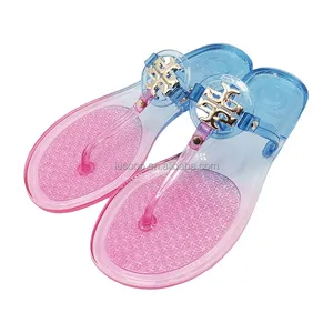 Luxury ladies slippers jelly flat metal buckle flip flop for beach sandals for womens jelly sandals
