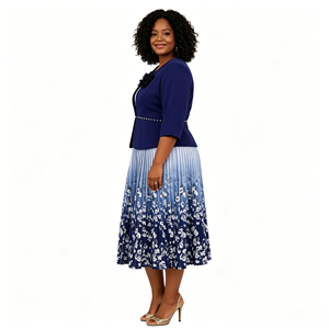 Elegante Vestido Midi con Estampado Floral Azul, Falda Plisada y Manga Tres Cuartos, Talla Grande, Traje Formal para Mujer - Product Image 5