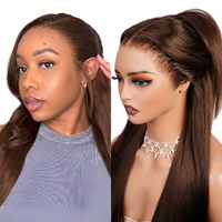 Perruque Premium en Cheveux Humains Chocolat Marron de 20 Pouces, Lisse, avec Dentelle Frontale, Pré-Pluckée, Pré-Décolorée, Haute Densité, en Cheveux Naturels