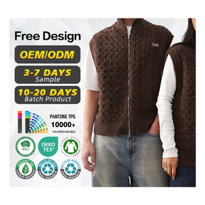 Fabricant de pulls certifié BSCI, logo personnalisé, <span class=keywords><strong>pull</strong></span> <span class=keywords><strong>sans</strong></span> manches en tricot torsadé unisexe, fermeture éclair, coton brun, laine, cardigan <span class=keywords><strong>sans</strong></span> manches - Product Image 1
