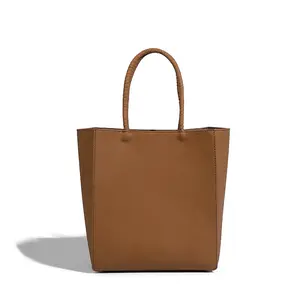 Eco Friendly Korean Fashion Large And Small Size Brown Color Vegan Leather Women Shopping Tote Bag Handbags Casual Wholesale