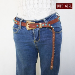 Cintura Western in Vera Pelle Marrone con Pietre Turchesi 125cm - Product Image 3