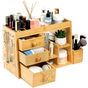 Organizador de maquillaje de bambú de Primera calidad-3 cajones, soporte para lápiz labial de 12 rejillas, doble uso para cosméticos y joyas en la encimera - Product Image 1