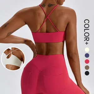 SHINEBENE profundo U pescoço médio apoio Sports Bra ginásio elástico Yoga Nylon Corp Top das mulheres