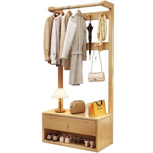 Solid Wood Floor <b>Standing</b> <b>Coat</b> Rack With <b>Shoe</b> Storage <b>And</b> Drawer For Entryway Or Bedroom - Product Image 5