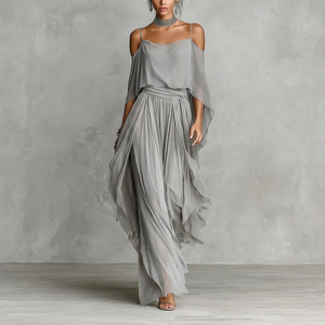 OUDINA New Summer Chiffon Casual Asymmetrical Off Shoulder <strong>Flowy</strong> <strong>Tops</strong> Blouse Women Two Piece Sets Trousers Pants Set - Product Image 1