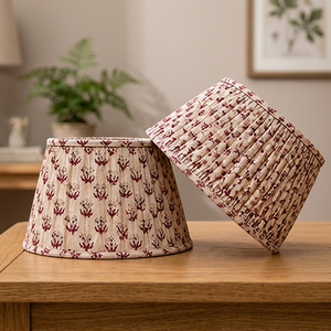 Purple Floral Print Linen Lampshade | Natural Beige Fabric Pleated Drum <b>Shade</b> | Decorative Table, <b>Floor</b> & Pendant <b>Lamp</b> <b>Shade</b> - Product Image 4