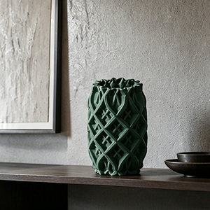 3D Hohlgebohrte Gittermuster Keramikvase in Matt-Dunkelgrün, Wabi-Sabi Vintage Dunkelholz Konsolentisch Deko-Vase - Product Image 3