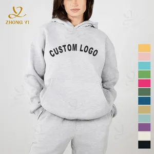 Custom Logo 100% Cotton Sweat Suits Two Piece Oversized French Terry Oversized Puff Print Sporty Women Hoodies Set