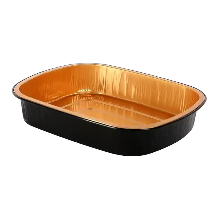 Schwarz-Gold-Luxus-Dessertt haltbares Aluminiumfolien-Tablett mit PP-PET-Deckeln Frontstück Take-Away-Lunchbox aus Aluminiumfolie