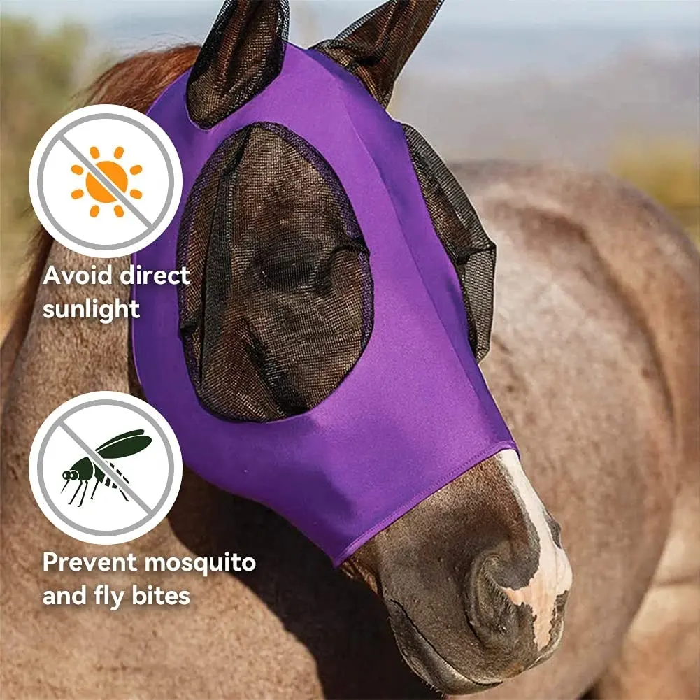 Maschera traspirante OEM in Nylon traspirante Mascara de Caballo UV Mesh Mule Donkey Horse Fly Mask con orecchie stellari