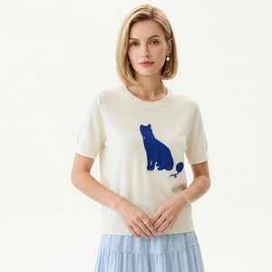<span class=keywords><strong>T</strong></span>-<span class=keywords><strong>shirt</strong></span> d'é<span class=keywords><strong>t</strong></span>é décontracté haut de gamme pour femme en mélange de soie de mûrier, tricot jacquard motif chat, à manches courtes - Product Image 2