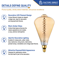 Ampoule LED à filament ST164 7W à CRI90 élevé, E26 E27, dimmable, en verre ambré, forme conique surdimensionnée, style vintage, pour café, hôtel, restaurant