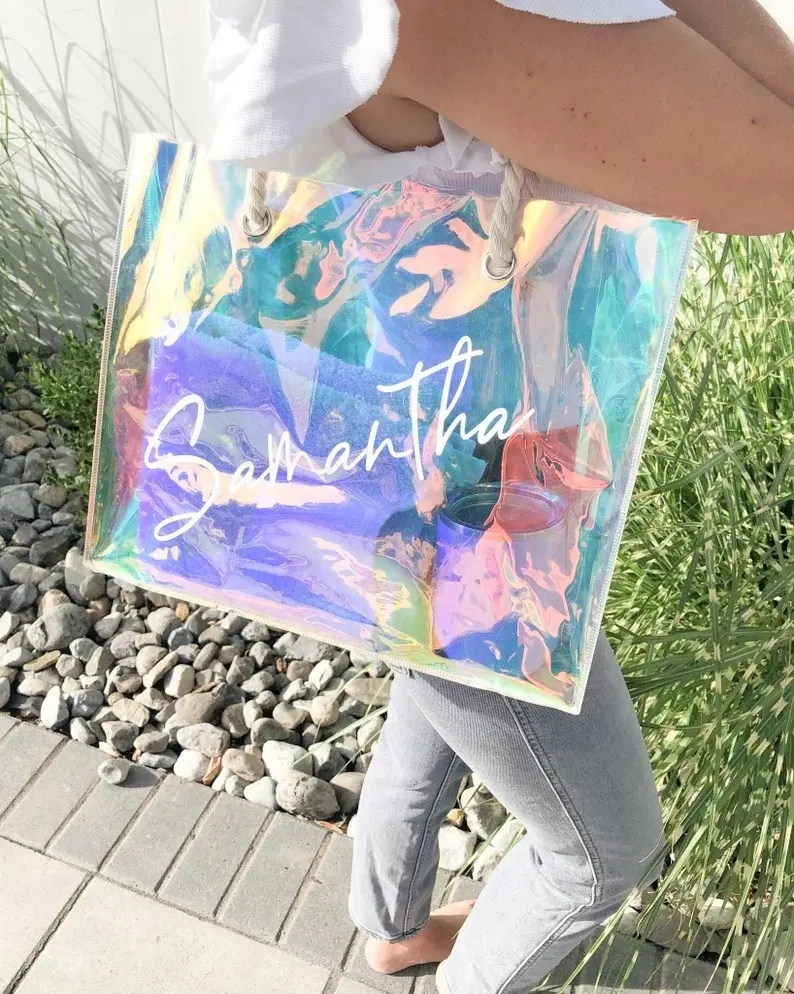 Custom Holographic Iridescent PVC Cotton Rope Handle Tote Bag for Beach Party Gift