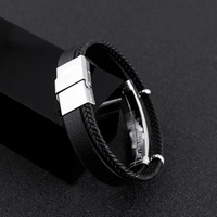 Vente chaude Bracelet Blanc Personnalisé Graver Logo Simple Réglable En Acier Inoxydable Noir Pu Cuir Wrap Bracelet Tissé pour Hommes