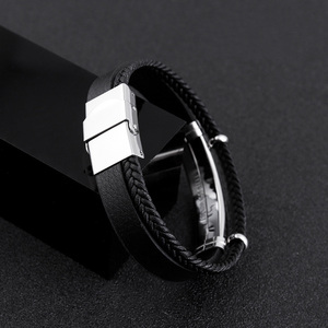 Hot Selling Blank <strong>Bracelet</strong> Custom Engrave Logo Simple Adjustable Stainless Steel Black Pu Leather Wrap Woven <strong>Bracelet</strong> for <strong>Men</strong> - Product Image 6