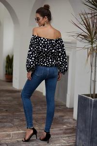 Europ sexy popolare di disegno del puntino di stampa <span class=keywords><strong>barca</strong></span> collo del manicotto di soffio delle donne di modo <span class=keywords><strong>camicetta</strong></span> top OC25 - Product Image 6