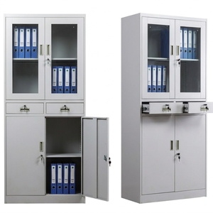 Armoire <span class=keywords><strong>de</strong></span> <span class=keywords><strong>rangement</strong></span> <span class=keywords><strong>de</strong></span> bureau moderne en acier avec portes en verre et 2 tiroirs centraux, meubles <span class=keywords><strong>de</strong></span> classement en métal robuste - Product Image 1