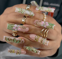 Ongles à presser Stiletto Vert Olive avec Fleurs 3D et Papillons, Carrés Moyens, Chrome Doré, Faits Main, pour Salon de Manucure
