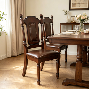 Chaise de salle à manger vintage en bois massif, revêtement en cuir PU marron, garniture à rivets, pieds tournés - Product Image 6