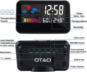 Horloge de bureau numérique électronique moderne à commande vocale LED, station météo, moniteur d'humidité, calendrier, fonction snooze, pour la maison - Product Image 4
